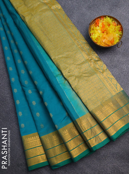 Gadwal silk cotton saree teal green shade and green mustard yellow with zari woven buttas and zari woven border