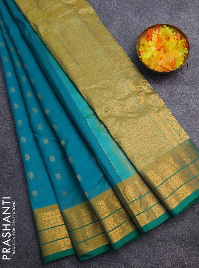 Gadwal silk cotton saree teal green shade and green mustard yellow with zari woven buttas and zari woven border