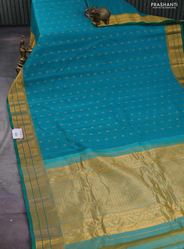 Gadwal silk cotton saree teal green shade and green mustard yellow with zari woven buttas and zari woven border