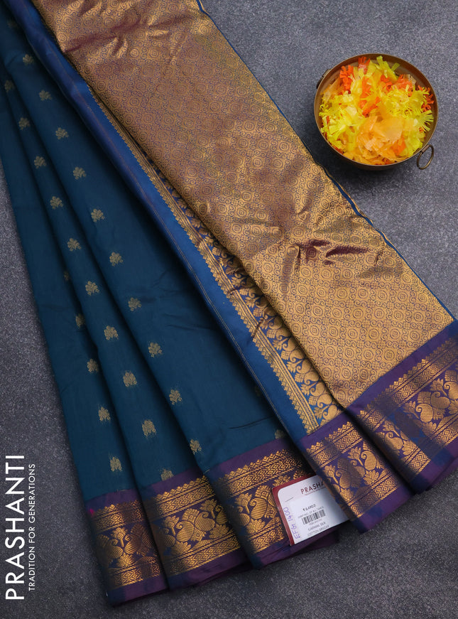 Gadwal silk cotton saree peacock green and purple with zari woven buttas and zari woven border