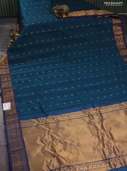 Gadwal silk cotton saree peacock green and purple with zari woven buttas and zari woven border