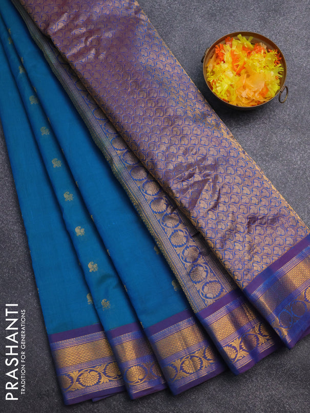 Gadwal silk cotton saree teal bluish green and purple with allover zari woven paisley buttas and zari woven border