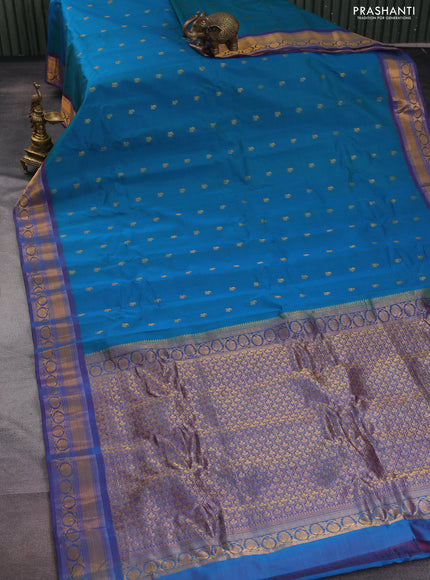 Gadwal silk cotton saree teal bluish green and purple with allover zari woven paisley buttas and zari woven border