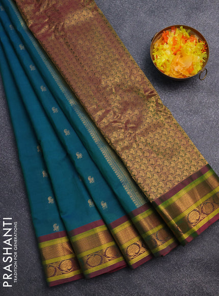 Gadwal silk cotton saree dual shade of teal greenish blue and dual shade of pink with allover zari woven paisley buttas and zari woven border