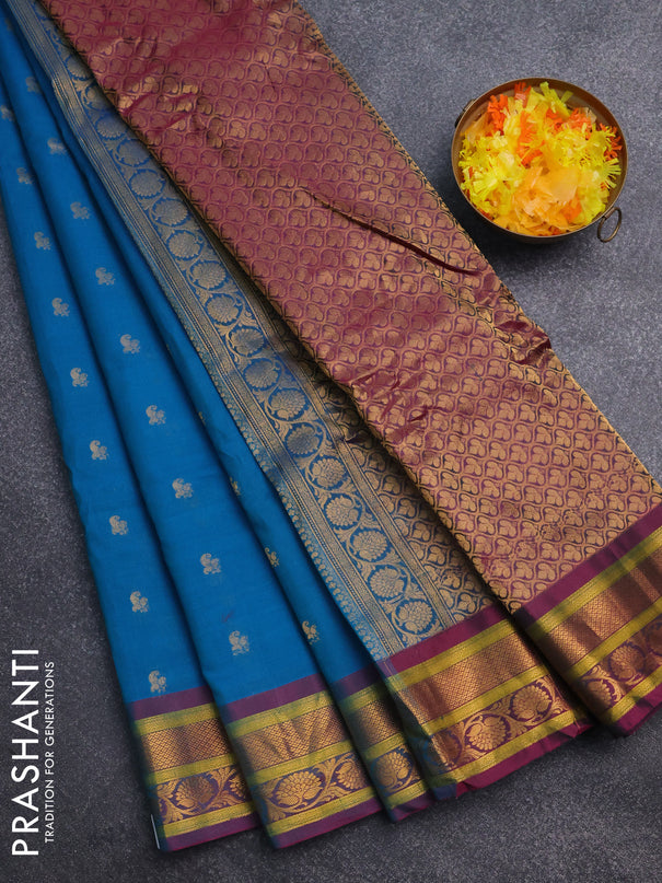 Gadwal silk cotton saree dual shade of teal blue and dual shade of pink with allover zari woven paisley buttas and zari woven border