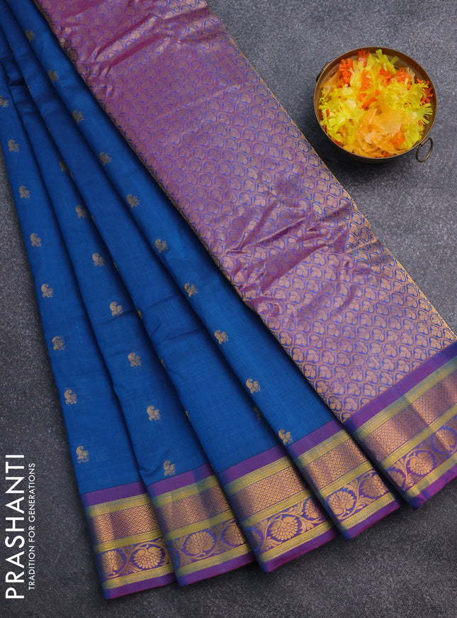 Gadwal silk cotton saree cs blue and dual shade of purple with allover zari woven paisley buttas and zari woven border