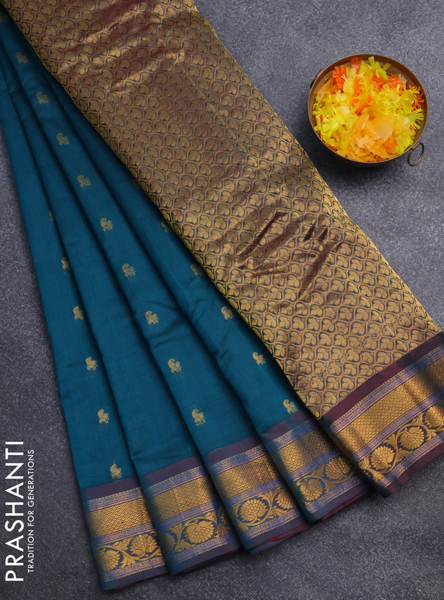 Gadwal silk cotton saree peacock green and dual shade of maroon with allover zari woven paisley buttas and zari woven border