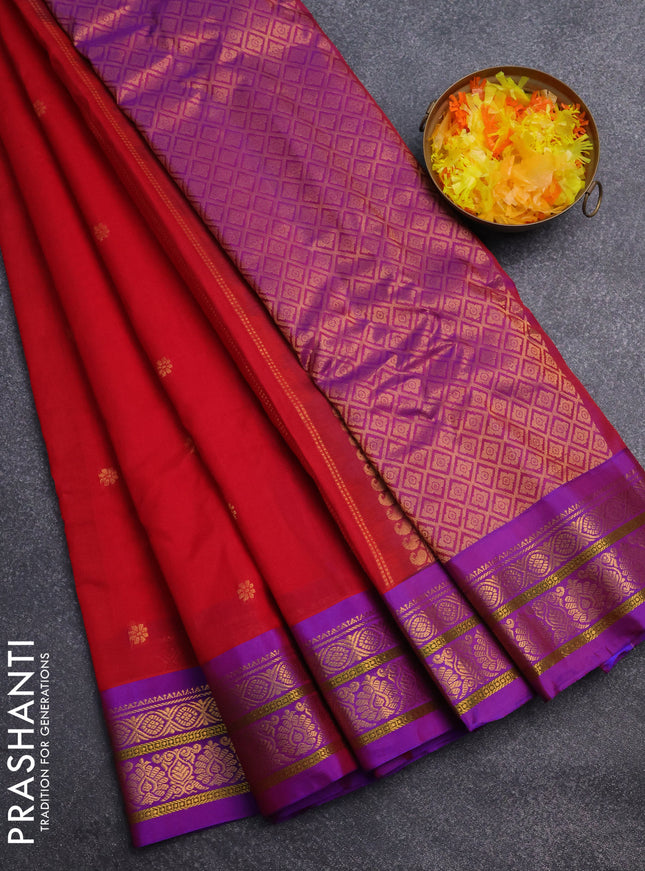 Gadwal silk cotton saree red and purple with zari wovenf loral buttas and zari woven border