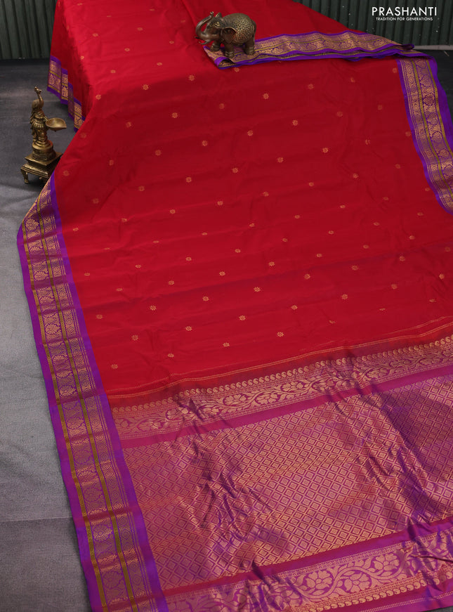 Gadwal silk cotton saree red and purple with zari wovenf loral buttas and zari woven border