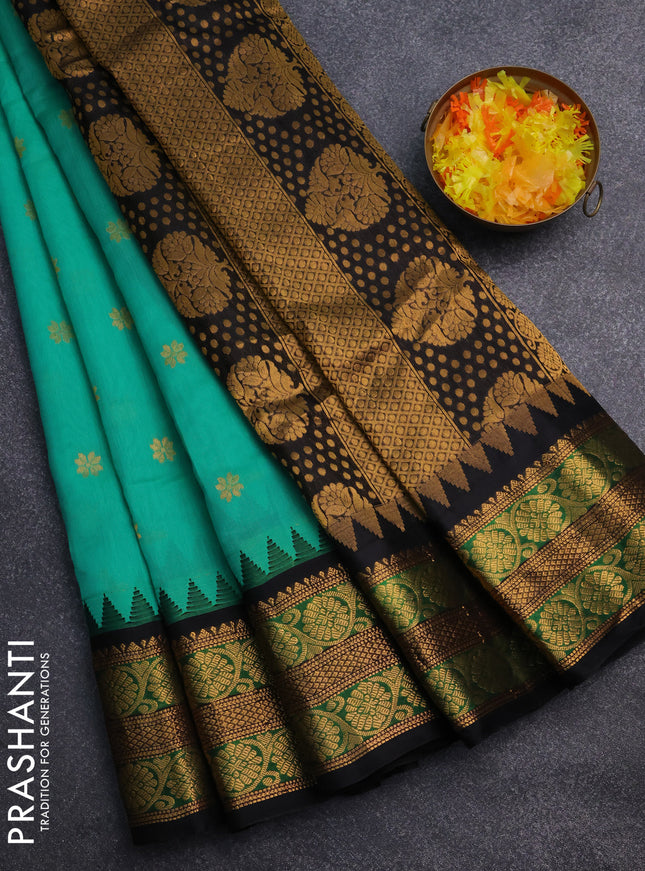 Gadwal silk cotton saree teal green shade and black with zari wovenf loral buttas and temple design zari woven border