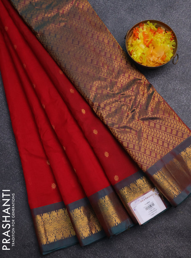 Gadwal silk cotton saree red and green with zari woven buttas and zari woven border