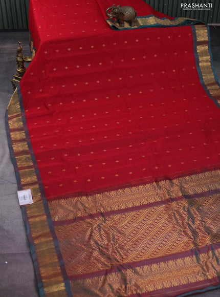 Gadwal silk cotton saree red and green with zari woven buttas and zari woven border