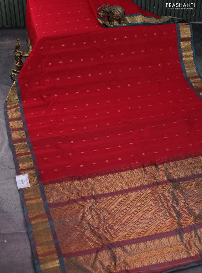 Gadwal silk cotton saree red and green with zari woven buttas and zari woven border