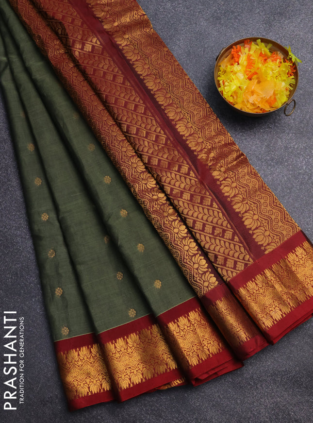 Gadwal silk cotton saree greyish green and maroon with allover zari woven buttas and zari woven border