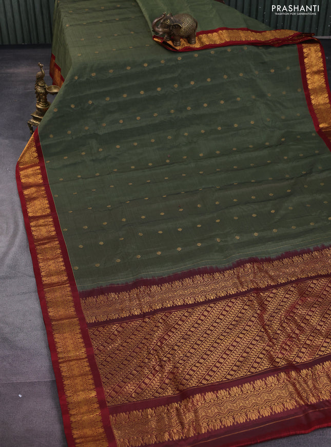 Gadwal silk cotton saree greyish green and maroon with allover zari woven buttas and zari woven border
