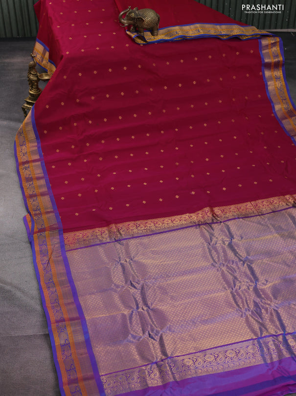Gadwal silk cotton saree dark magenta pink and dual shade of blue with zari woven buttas and zari woven border