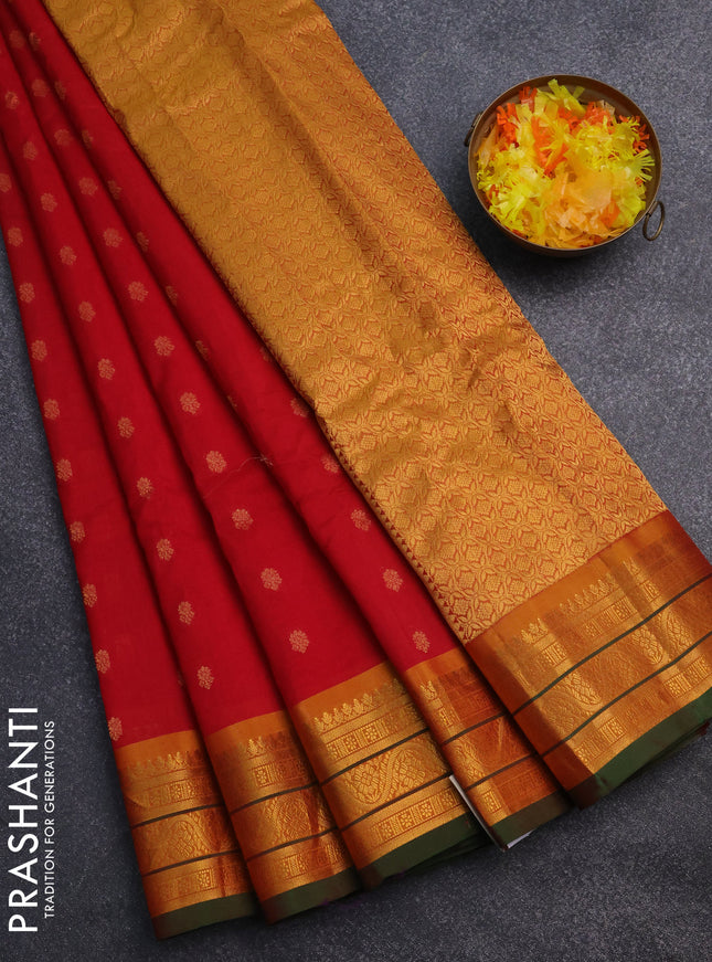 Gadwal silk cotton saree red and mustard yellow with allover zari woven buttas and zari woven border