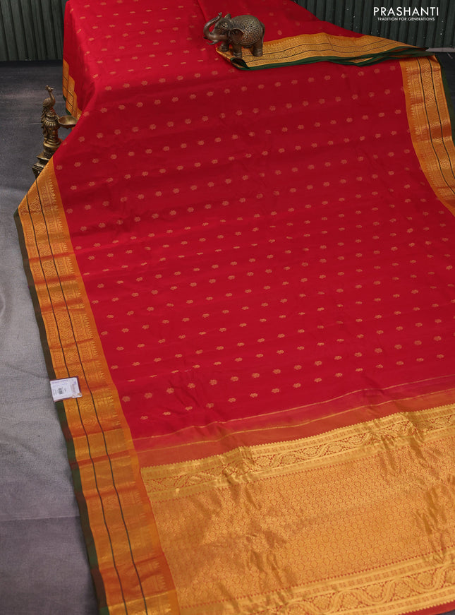 Gadwal silk cotton saree red and mustard yellow with allover zari woven buttas and zari woven border