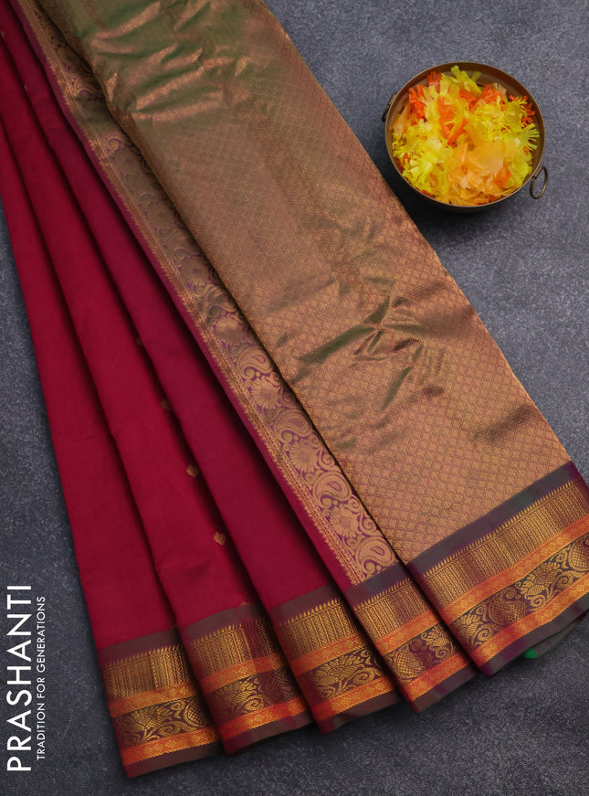 Gadwal silk cotton saree magenta pink and dual shade of green with allover zari woven buttas and zari woven border