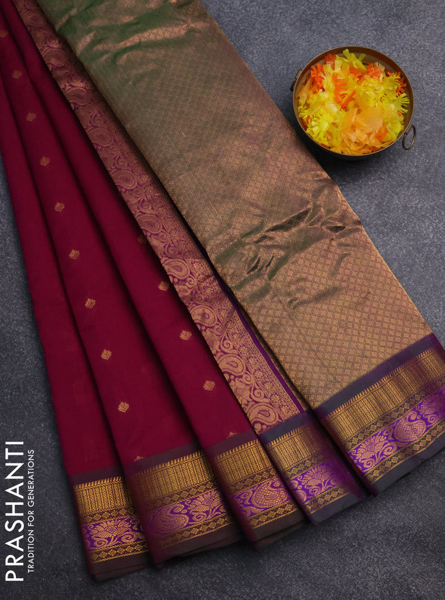 Gadwal silk cotton saree purple and dual shade of green with zari woven buttas and zari woven border