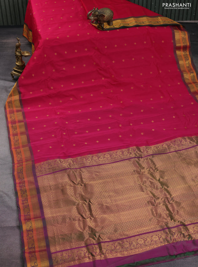 Gadwal silk cotton saree magenta pink and dual shade of green with zari woven buttas and zari woven border