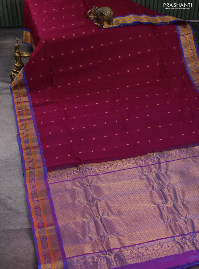 Gadwal silk cotton saree dark magenta pink and dual shade of blue with zari woven buttas and zari woven border