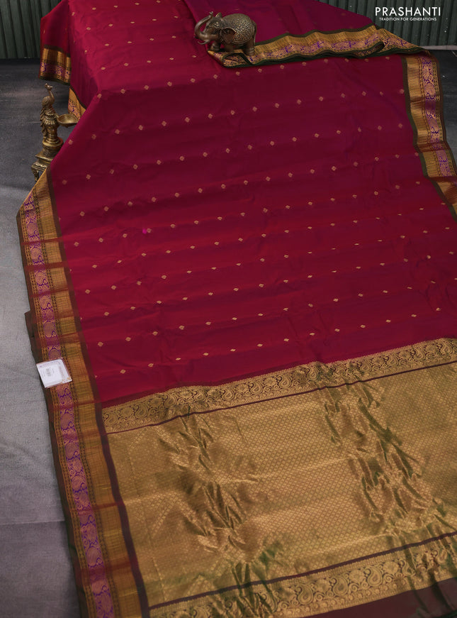 Gadwal silk cotton saree dark magenta pink and dual shade of green with zari woven buttas and zari woven border