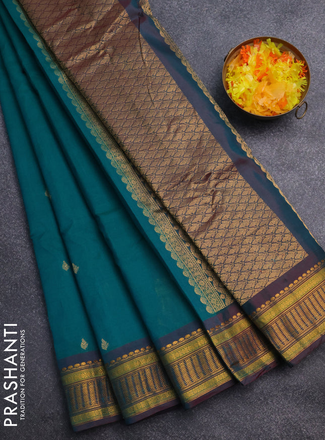 Gadwal silk cotton saree teal green with zari woven buttas and zari woven border