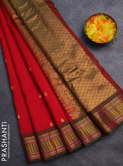 Gadwal silk cotton saree red and dual shade of green with zari woven buttas and zari woven border