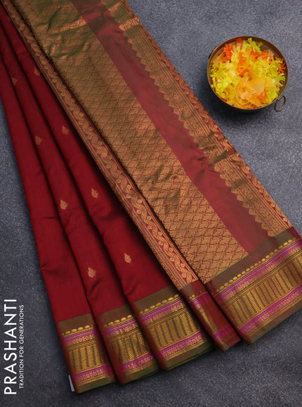 Gadwal silk cotton saree maroon and dual shade of green with zari woven buttas and zari woven border