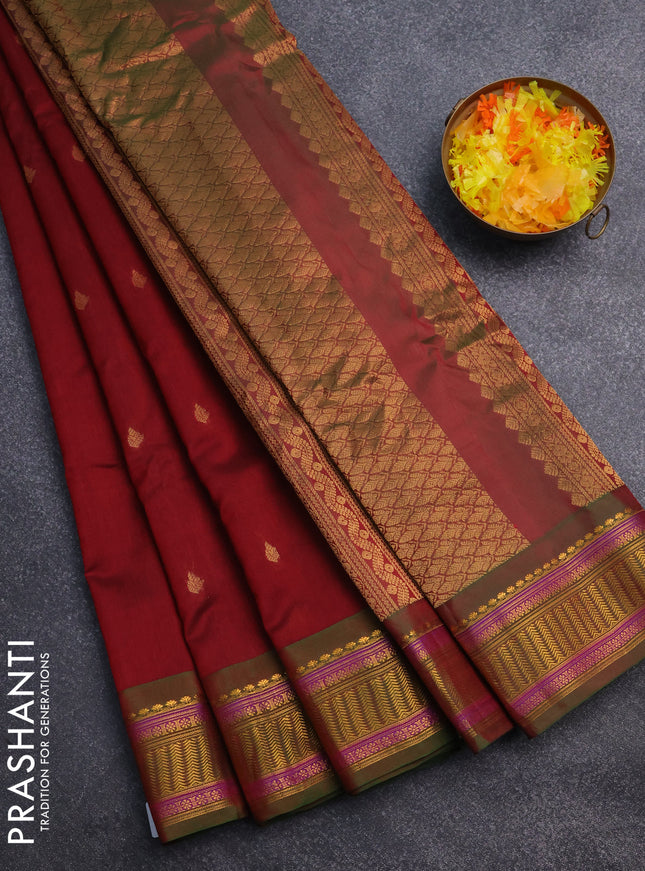 Gadwal silk cotton saree maroon and dual shade of green with zari woven buttas and zari woven border