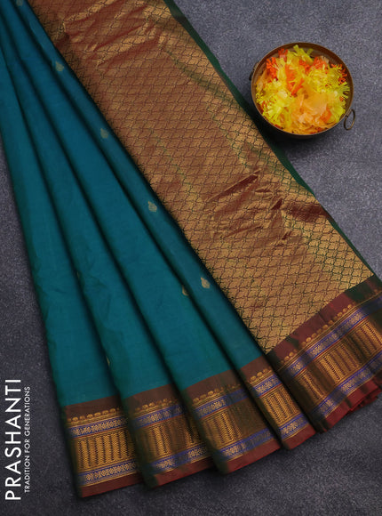 Gadwal silk cotton saree dual shade of teal greenish blue and dual shade of maroon with zari woven buttas and zari woven border