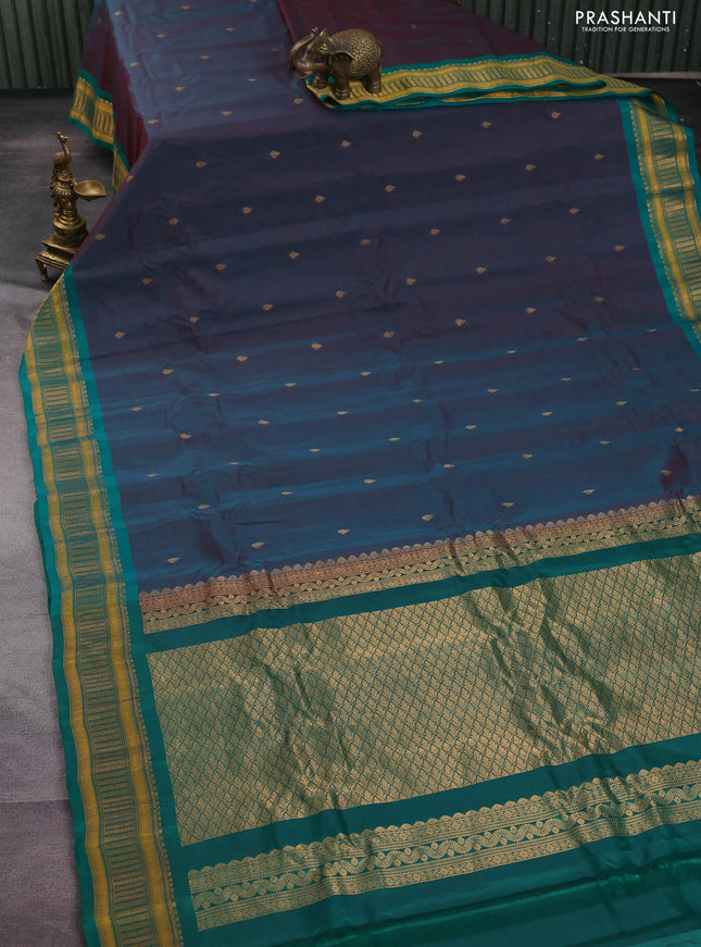 Gadwal silk cotton saree dual shade of teal greenish maroon and green with zari woven buttas and zari woven border