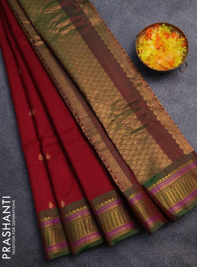 Gadwal silk cotton saree maroon and green with zari woven buttas and zari woven border