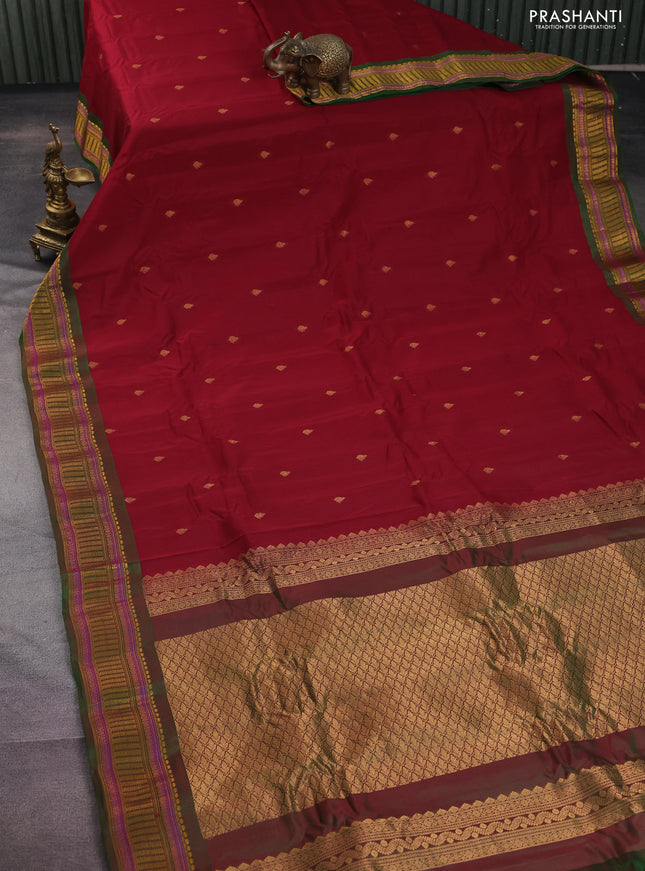 Gadwal silk cotton saree maroon and green with zari woven buttas and zari woven border