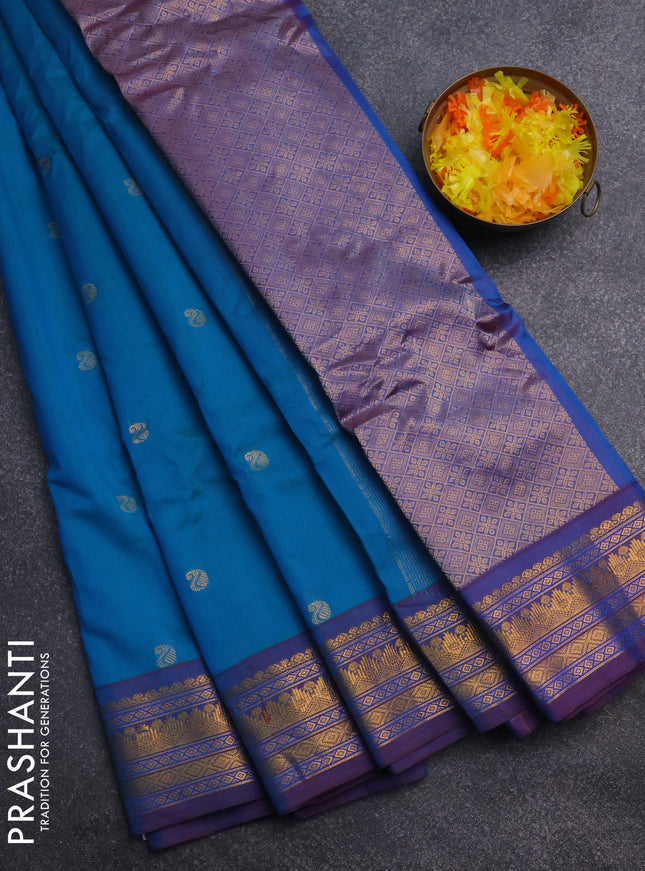 Gadwal silk cotton saree dual shade of bluish green and dual shade of maroon with zari woven buttas and zari woven border