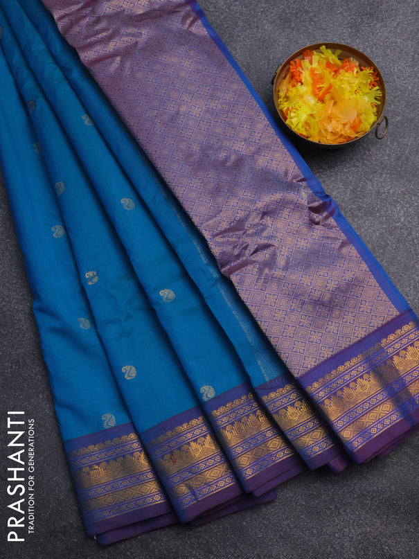 Gadwal silk cotton saree dual shade of bluish green and dual shade of maroon with zari woven buttas and zari woven border