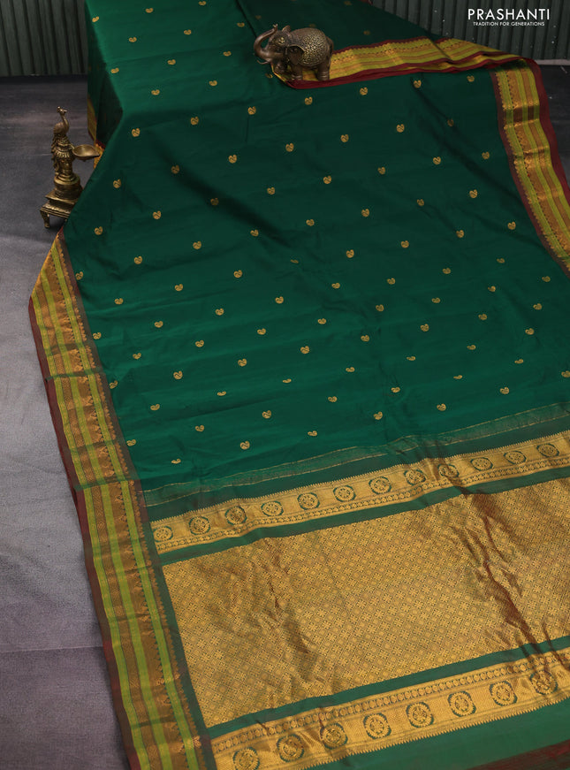 Gadwal silk cotton saree green and dual shade of maroon with zari woven buttas and zari woven border