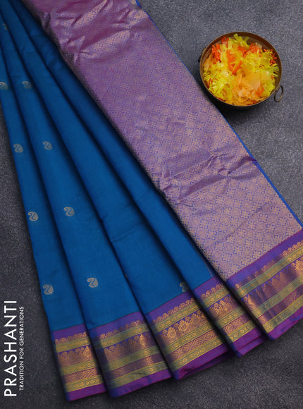 Gadwal silk cotton saree teal greenish blue and purple with zari woven buttas and zari woven border