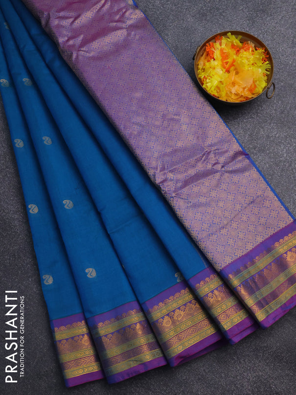 Gadwal silk cotton saree teal greenish blue and purple with zari woven buttas and zari woven border