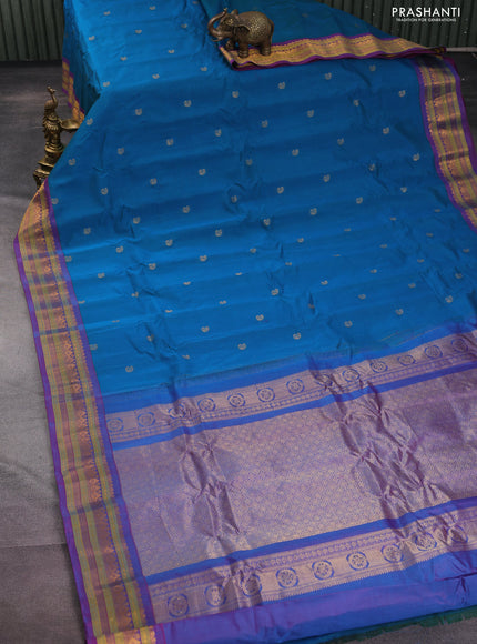 Gadwal silk cotton saree teal greenish blue and purple with zari woven buttas and zari woven border