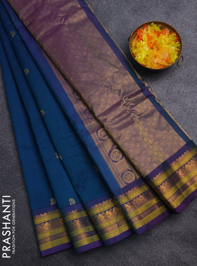 Gadwal silk cotton saree dual shade of blue and dual shade of violet with zari woven paisley buttas and zari woven border