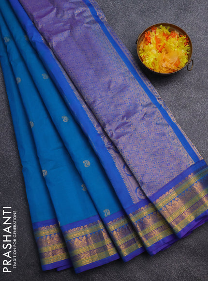 Gadwal silk cotton saree teal blue and purple with zari woven paisley buttas and zari woven border