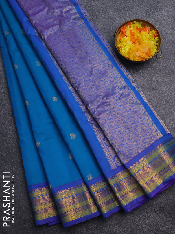 Gadwal silk cotton saree teal blue and purple with zari woven paisley buttas and zari woven border