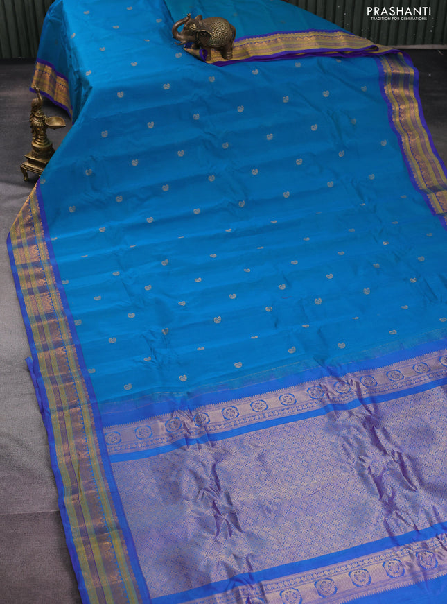 Gadwal silk cotton saree teal blue and purple with zari woven paisley buttas and zari woven border