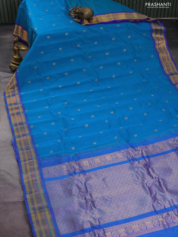 Gadwal silk cotton saree teal blue and purple with zari woven paisley buttas and zari woven border