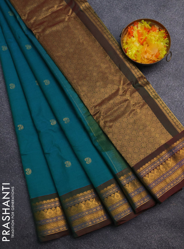 Gadwal silk cotton saree dual shade of teal bluish green and dual shade of maroon with zari woven paisley buttas and zari woven border