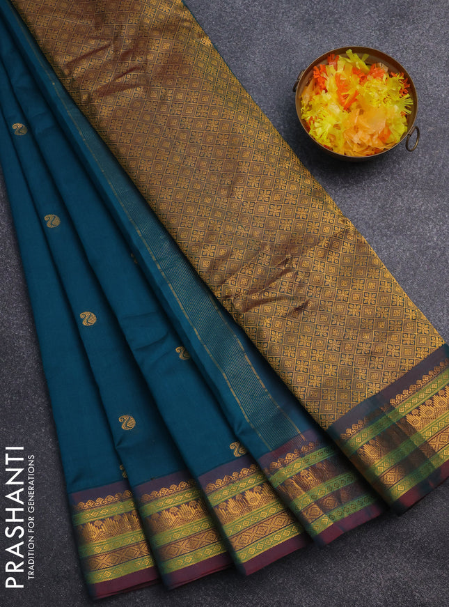 Gadwal silk cotton saree peacock green and dual shade of maroon with zari woven paisley buttas and zari woven border