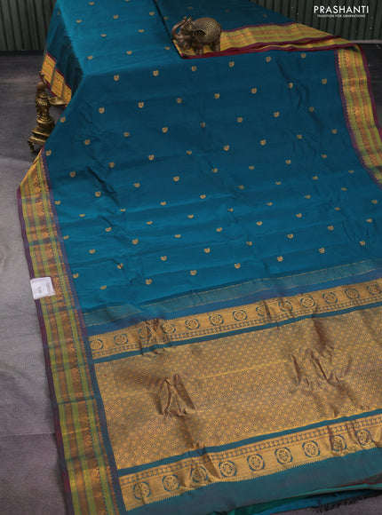 Gadwal silk cotton saree peacock green and dual shade of maroon with zari woven paisley buttas and zari woven border