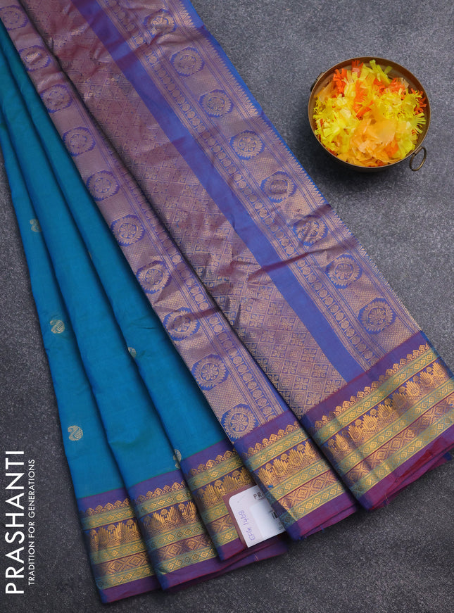 Gadwal silk cotton saree dual shade of greenish blue and dual shade of maroon with zari woven paisley buttas and zari woven border